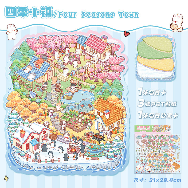 Four Seasons Town Large Size DIY 3D Scene Stickers Cute Miniature Scenes